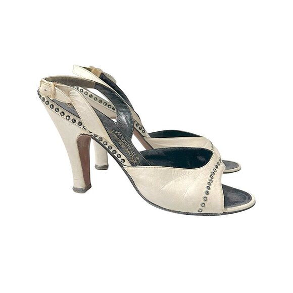 Vintage 1950s Herbert Levine White Leather Studded Slingback Heels Size 6B - Picture 5 of 16